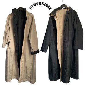 Ensign Women's Reversible Trench Coat Size Medium Vintage Black Tan Long Jacket